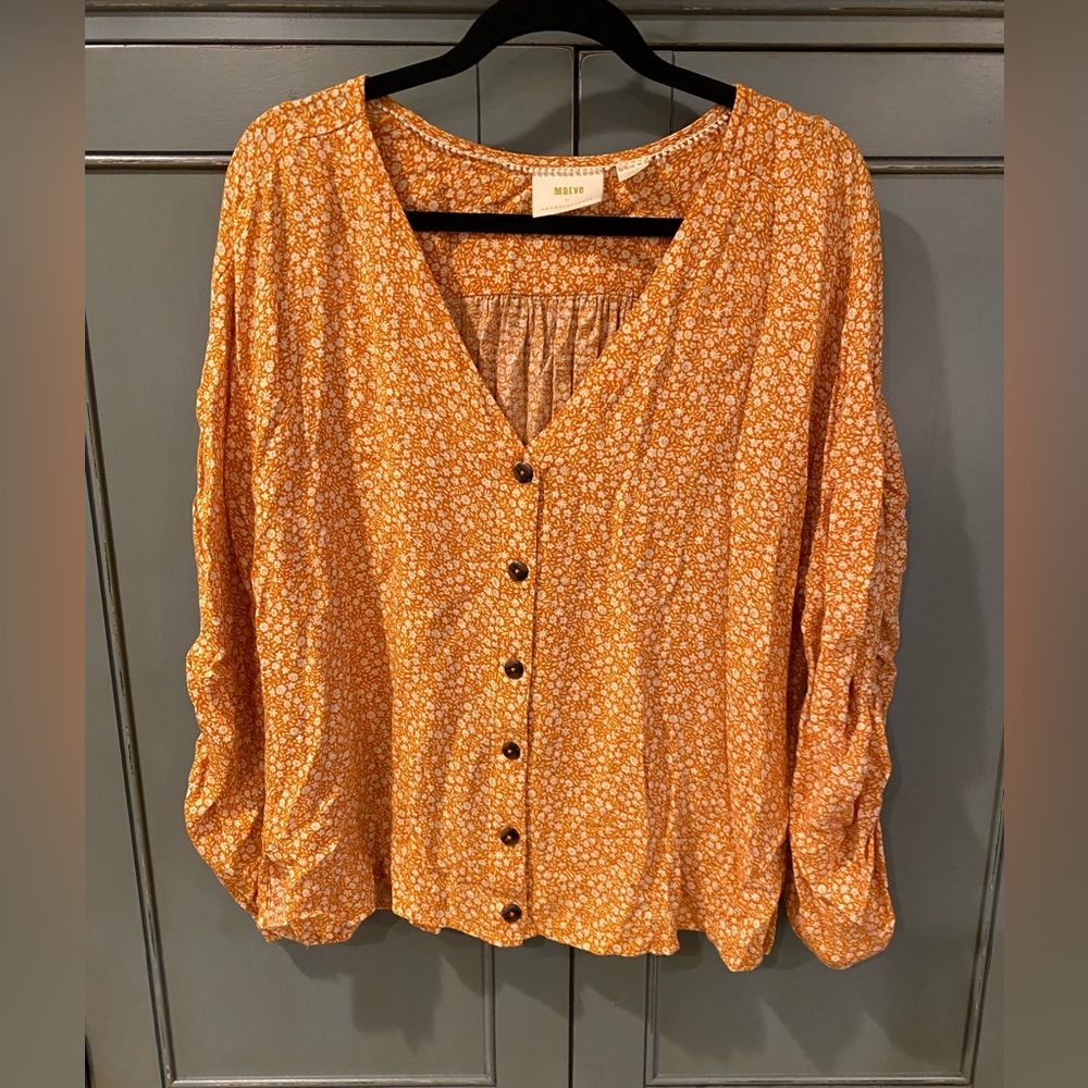 Maeve Anthropologie mustard floral blouse size L